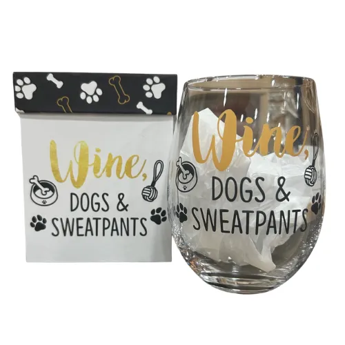 17 oz Stemless Glass w/ Gift Box- Wine, Dogs & Sweatpants