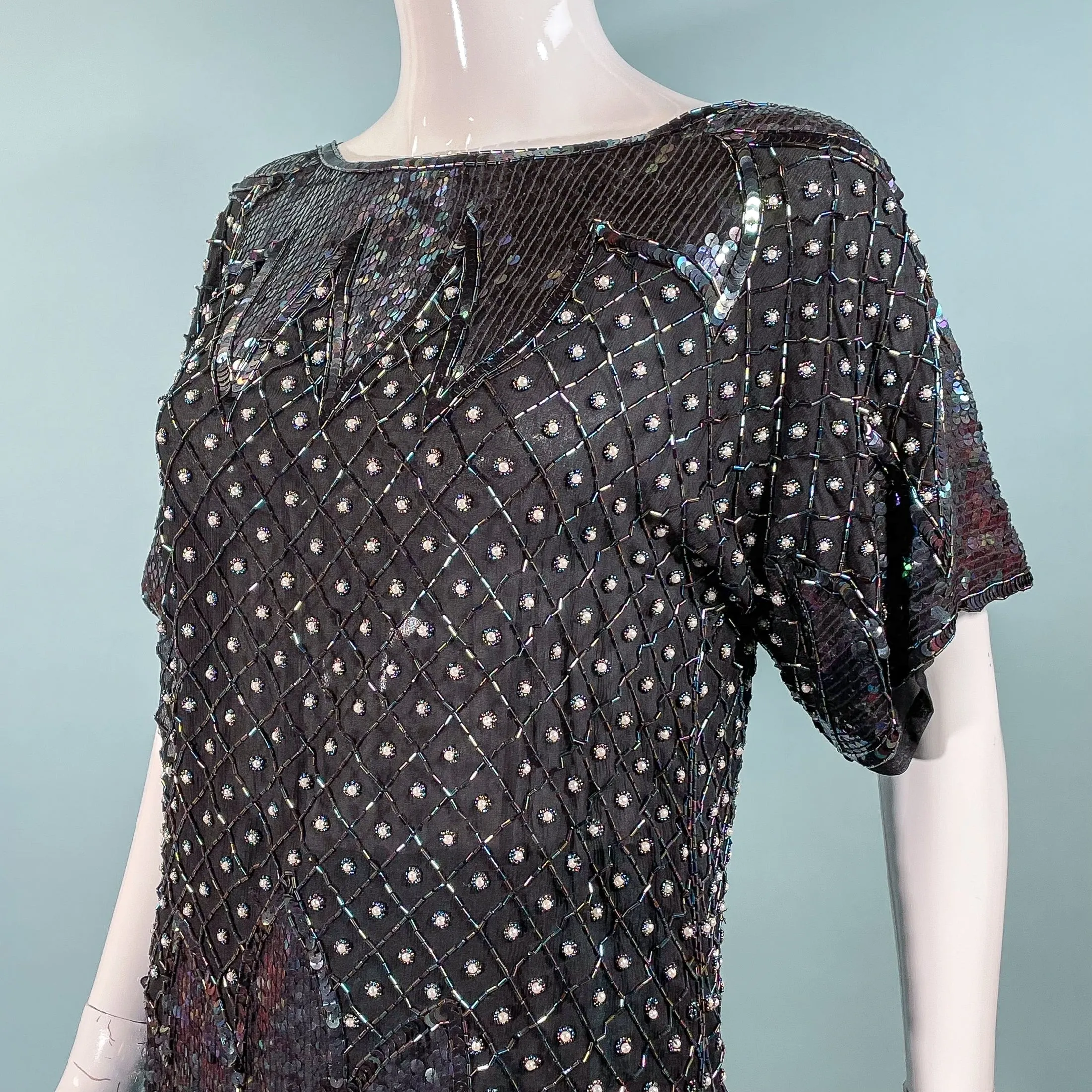 70s Black Silk Beaded/Sequin Top, Relaxed Fit Party Top S