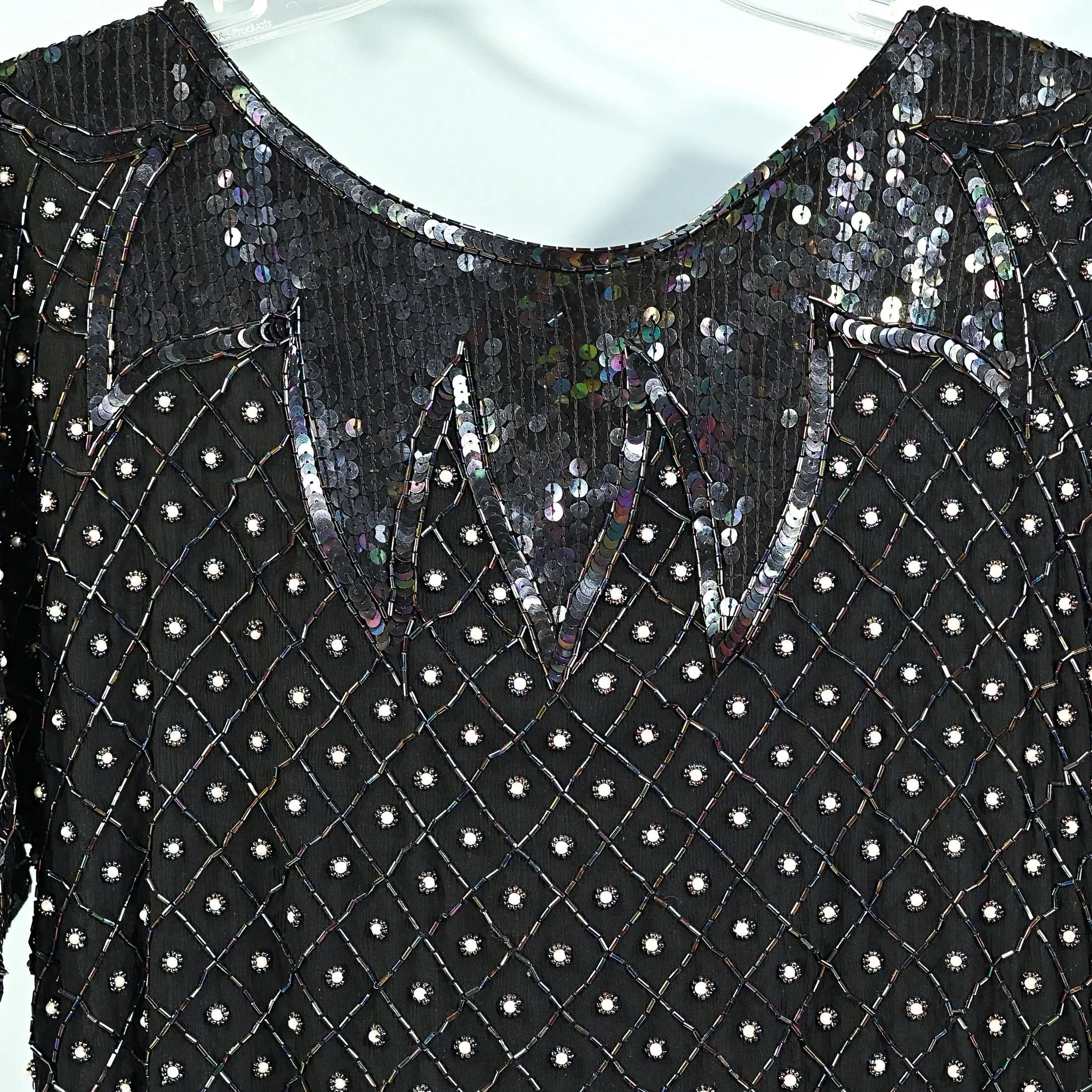 70s Black Silk Beaded/Sequin Top, Relaxed Fit Party Top S