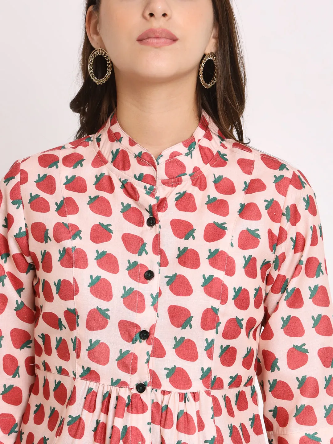 Conversational Printed Mandarin Collar Gathered Regular Top