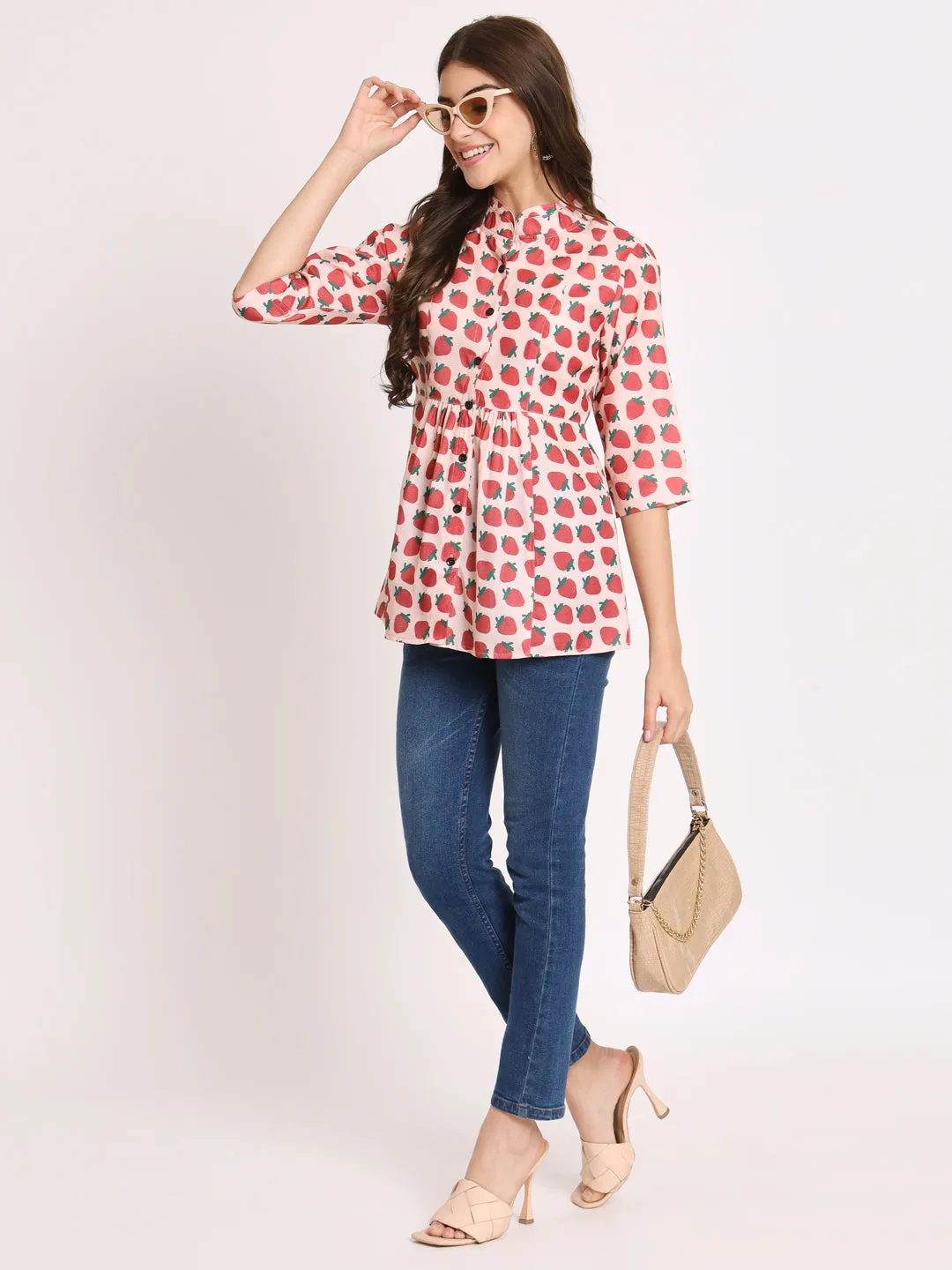 Conversational Printed Mandarin Collar Gathered Regular Top