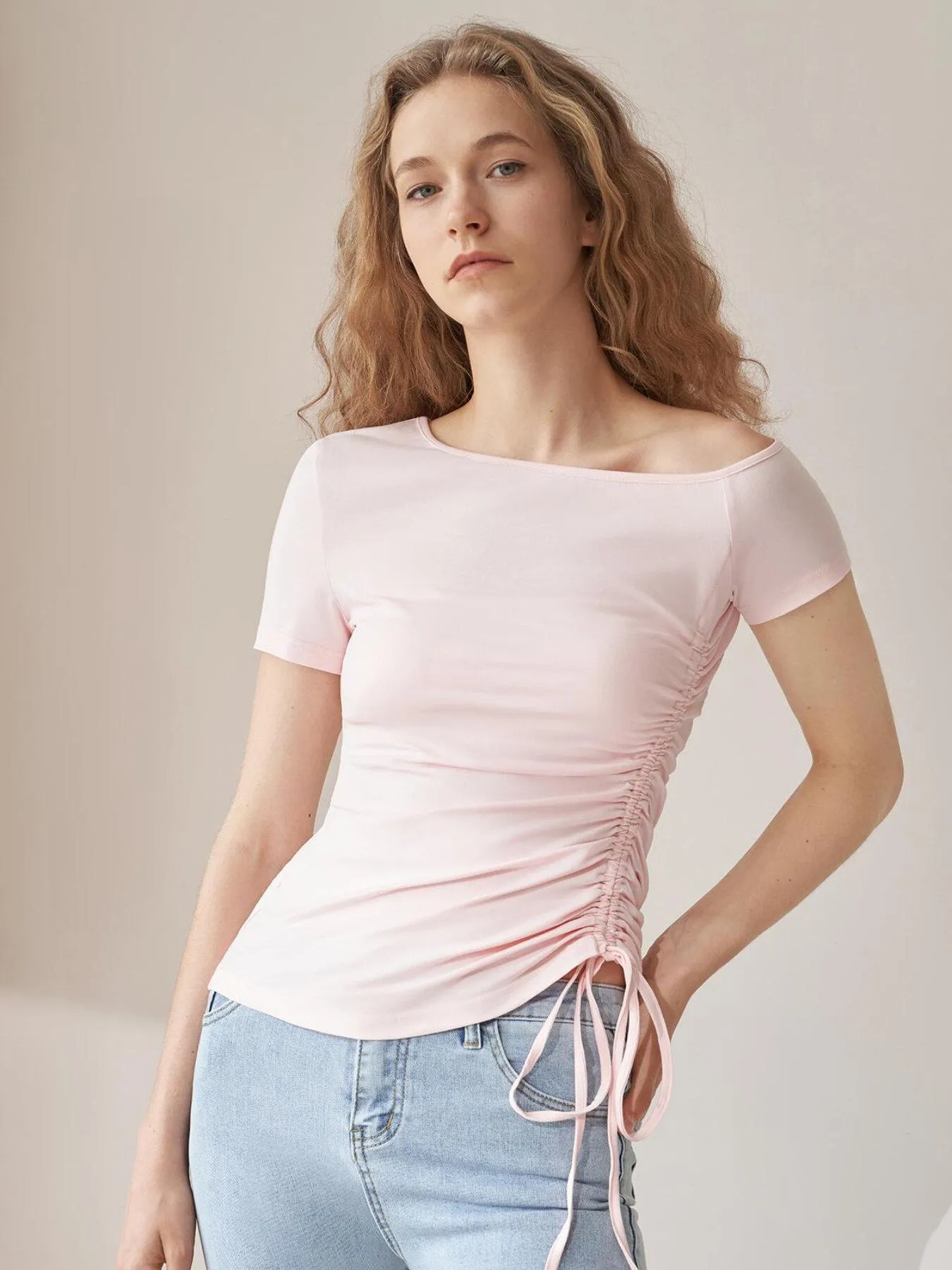 Drawstring Ruched One Shoulder Top