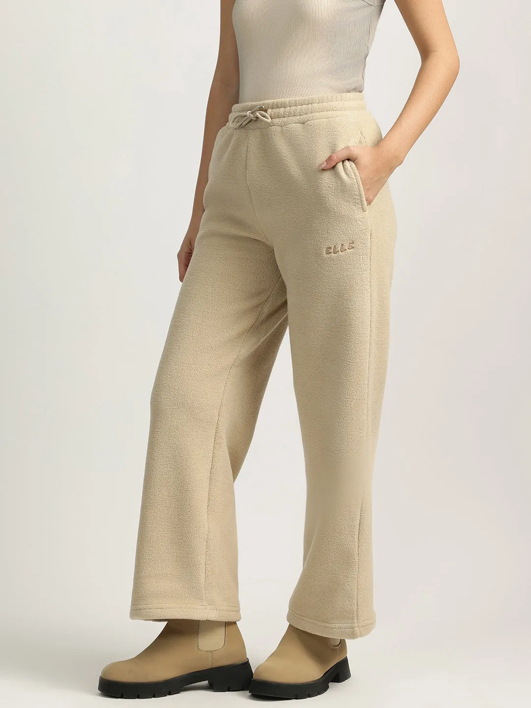 Elle Women Beige Self Design High-Rise Oversized Sweatpant