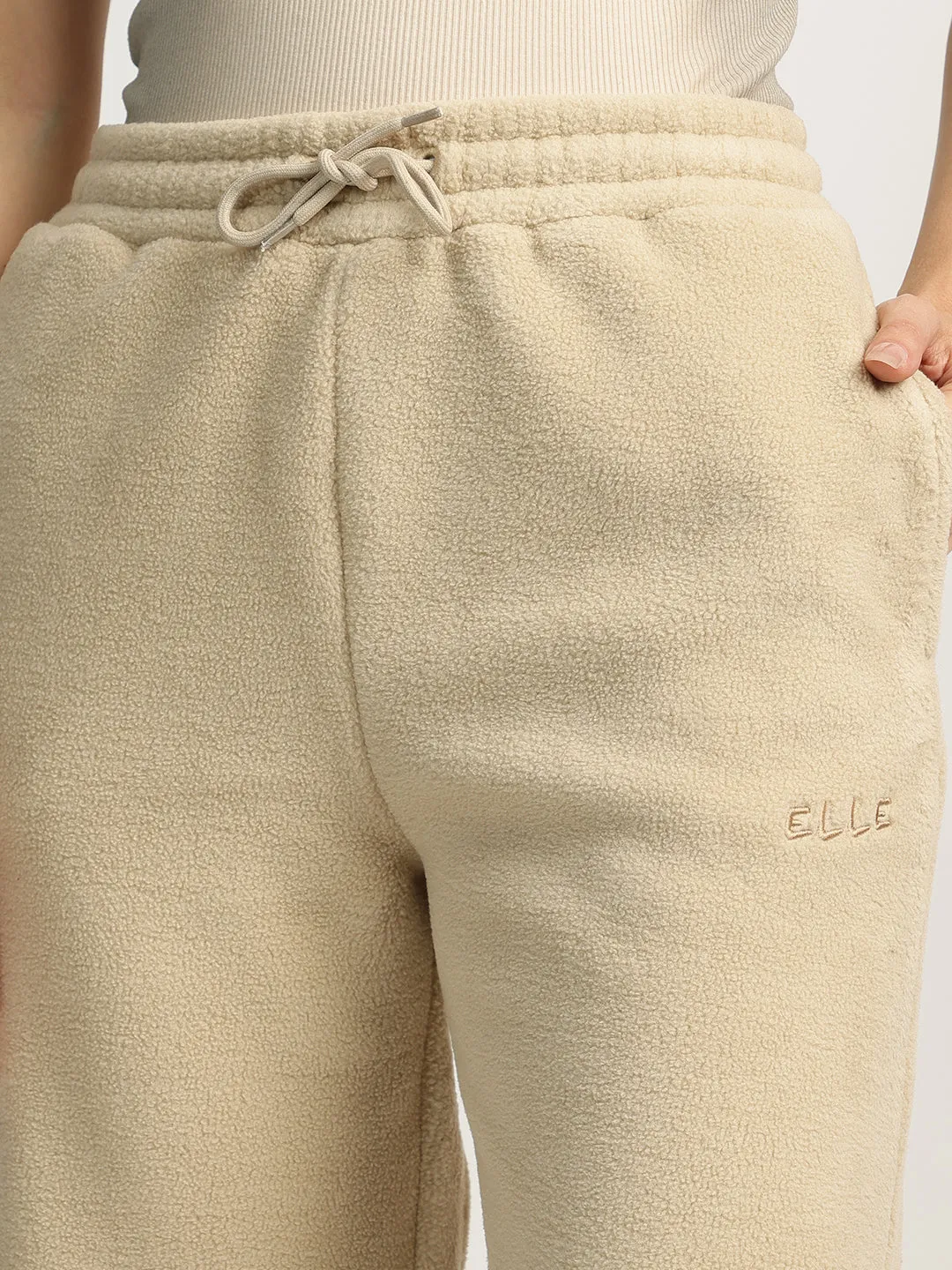 Elle Women Beige Self Design High-Rise Oversized Sweatpant