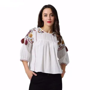 Embroidered Floral Tassels Top