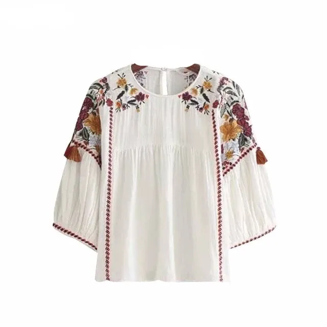 Embroidered Floral Tassels Top