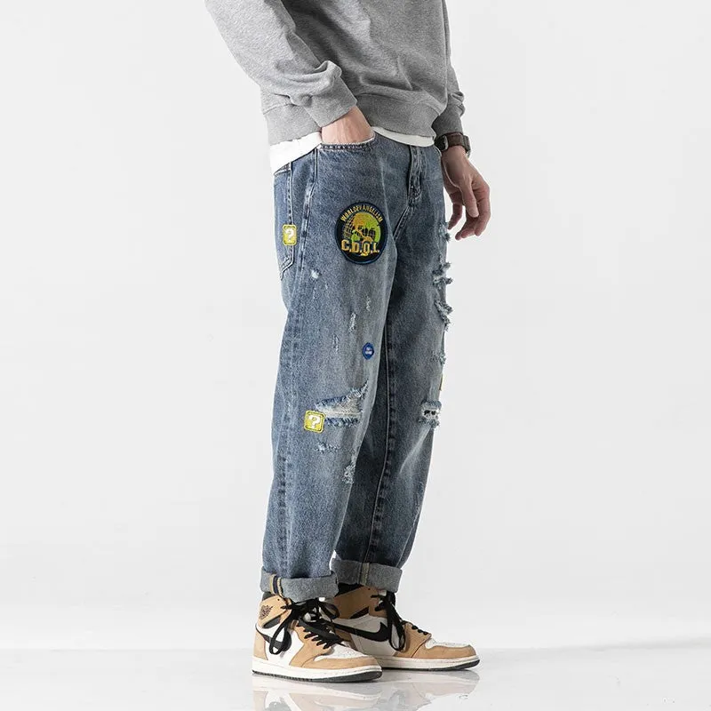 Embroidered logo jeans for men straight leg pants