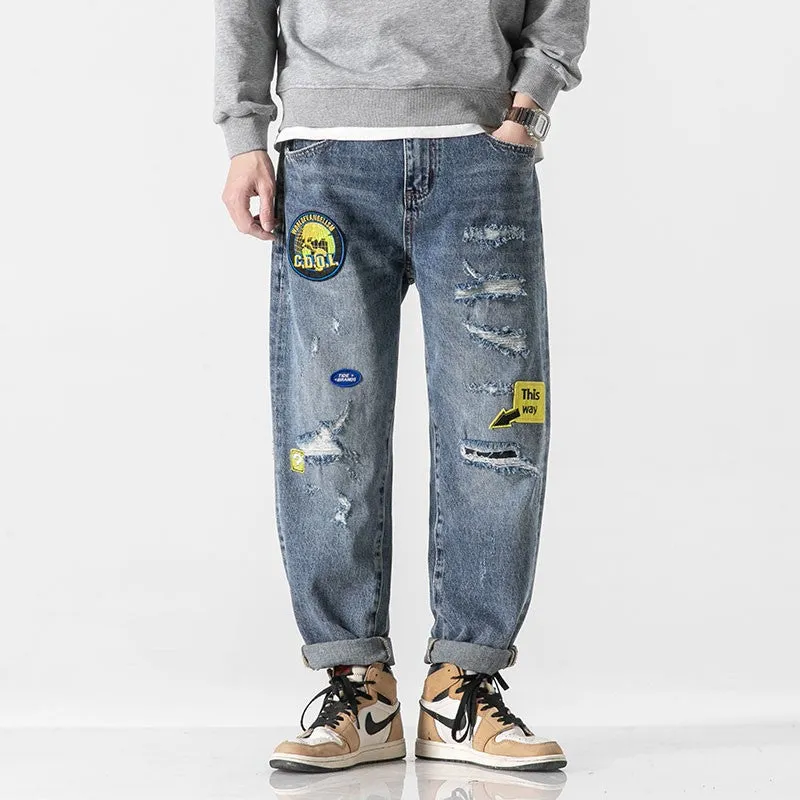 Embroidered logo jeans for men straight leg pants