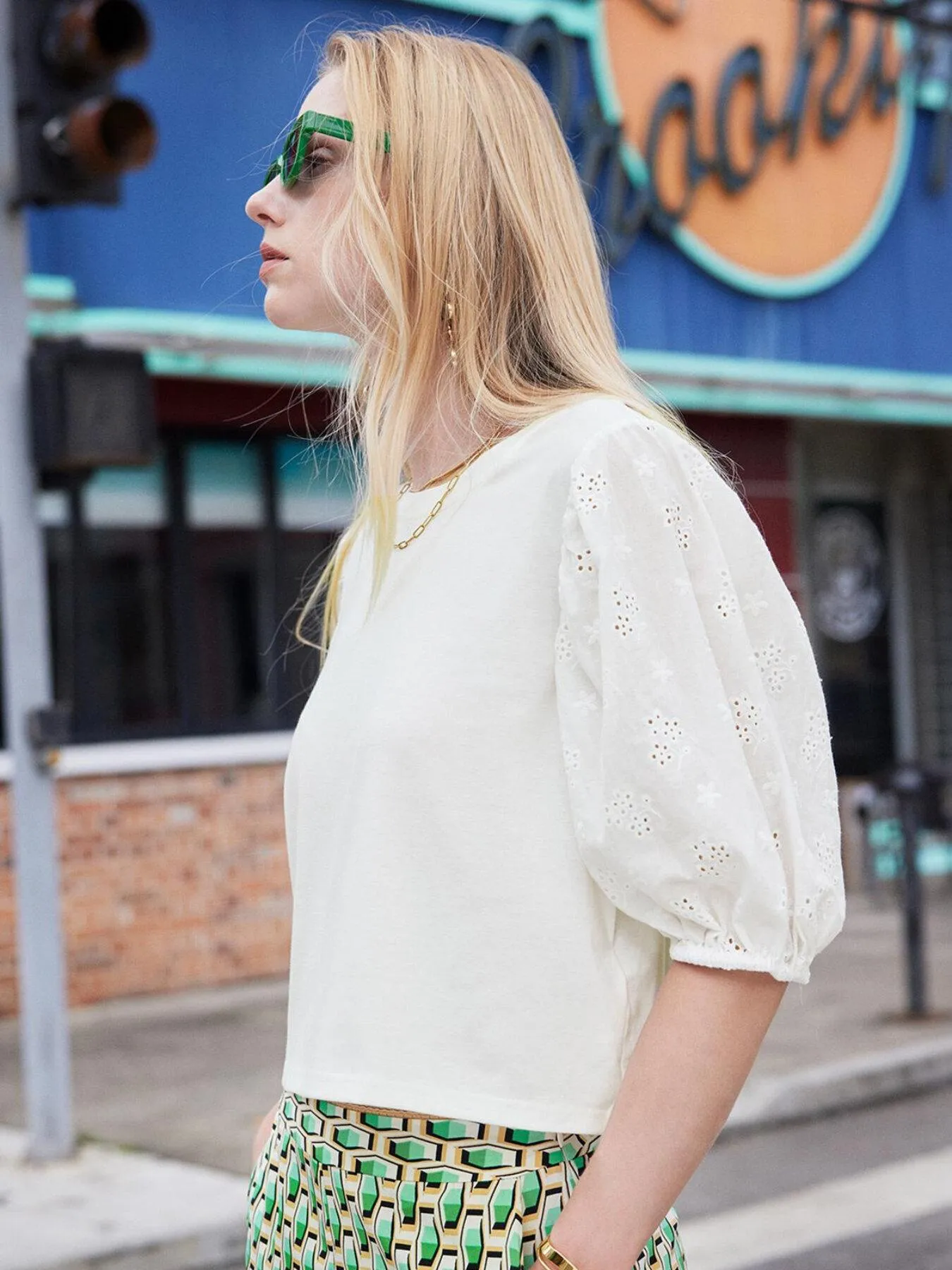 Eyelet Embroidery Puff Sleeve Top