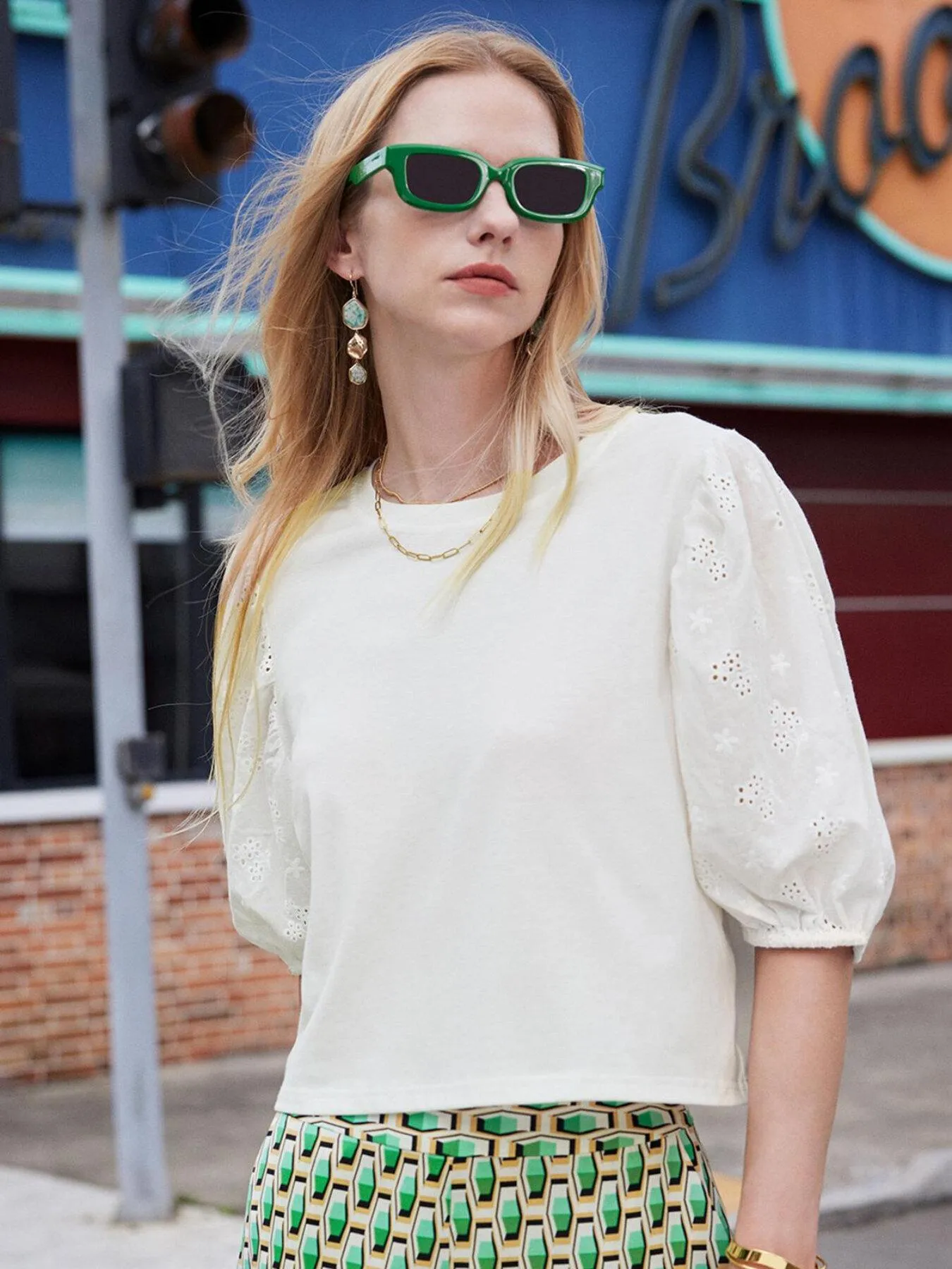 Eyelet Embroidery Puff Sleeve Top