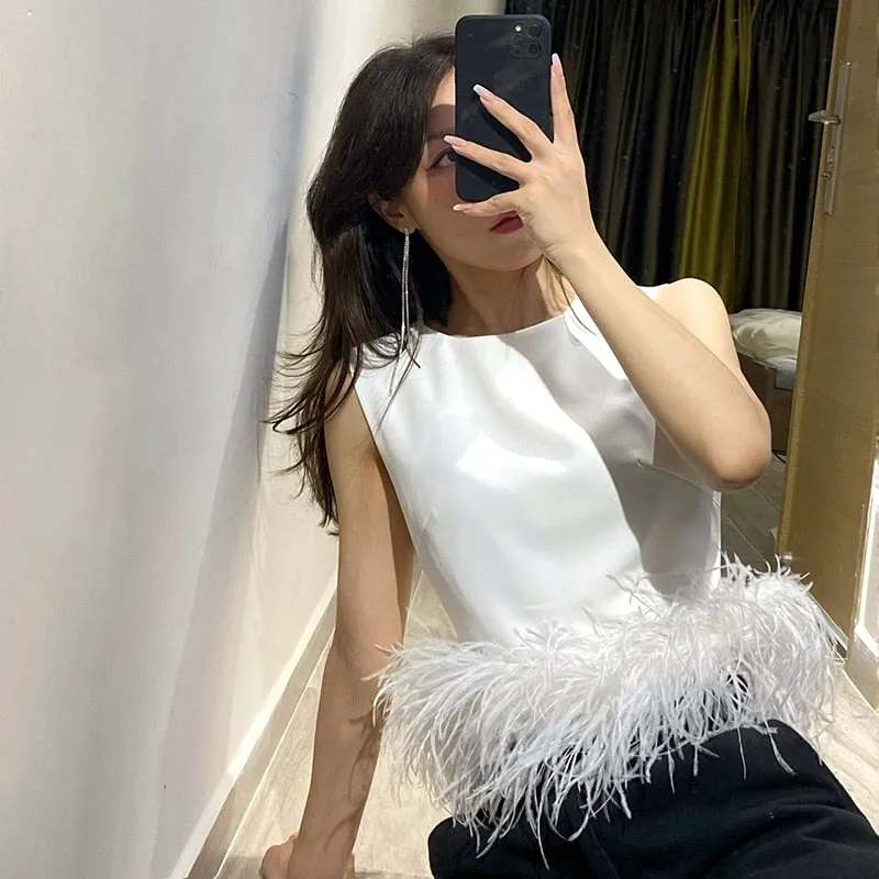 Feather Fur Shirt Top Women Sleeveless