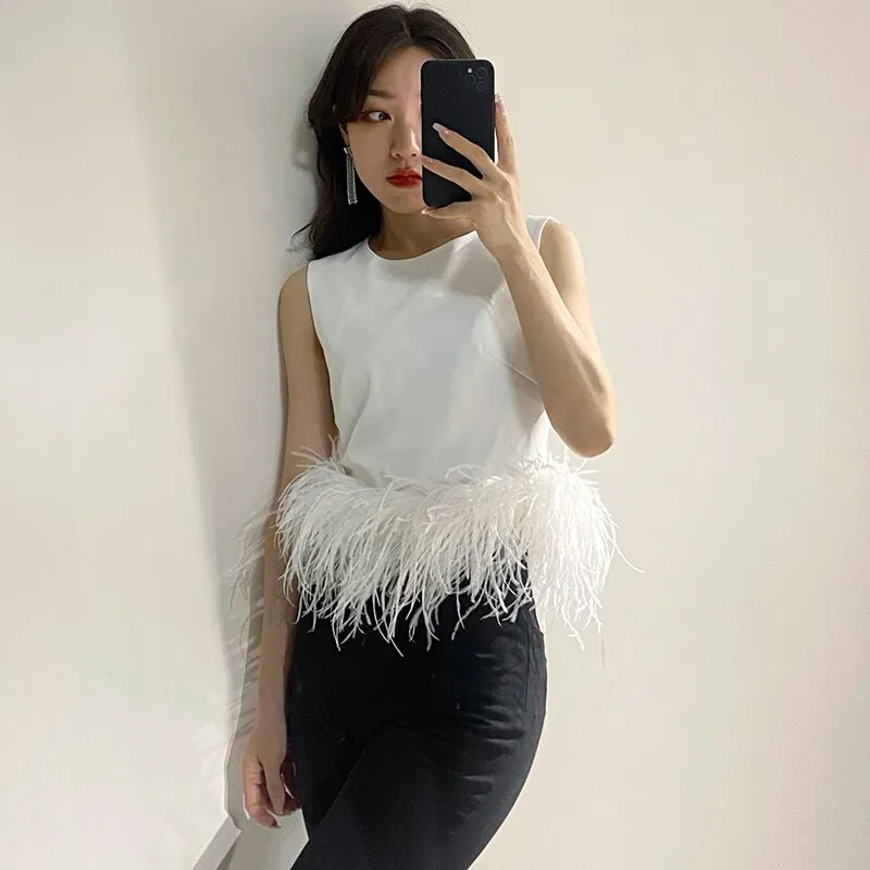 Feather Fur Shirt Top Women Sleeveless