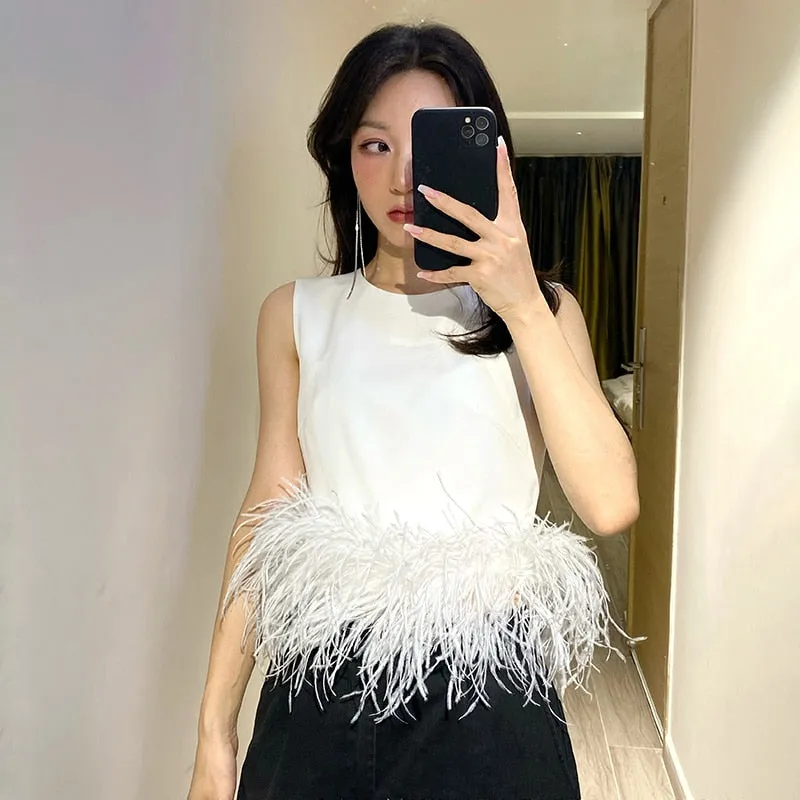 Feather Fur Shirt Top Women Sleeveless