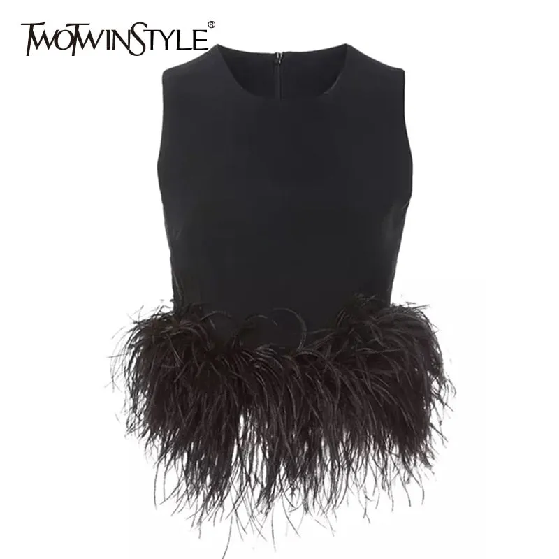 Feather Fur Shirt Top Women Sleeveless