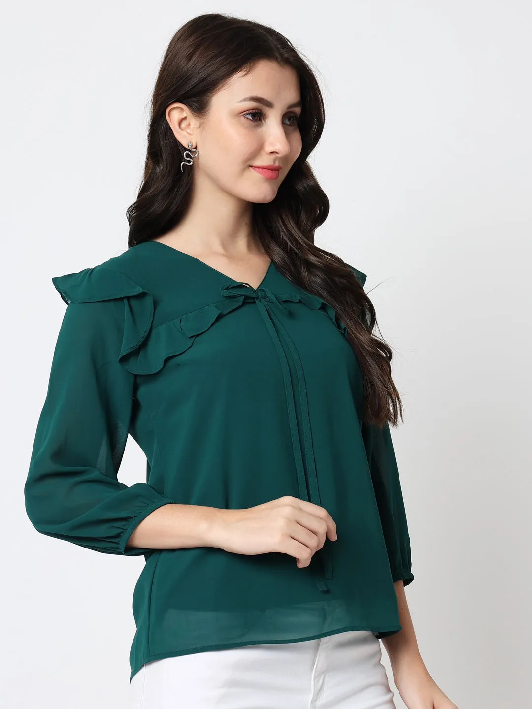 Green Crepe V-Neck Top