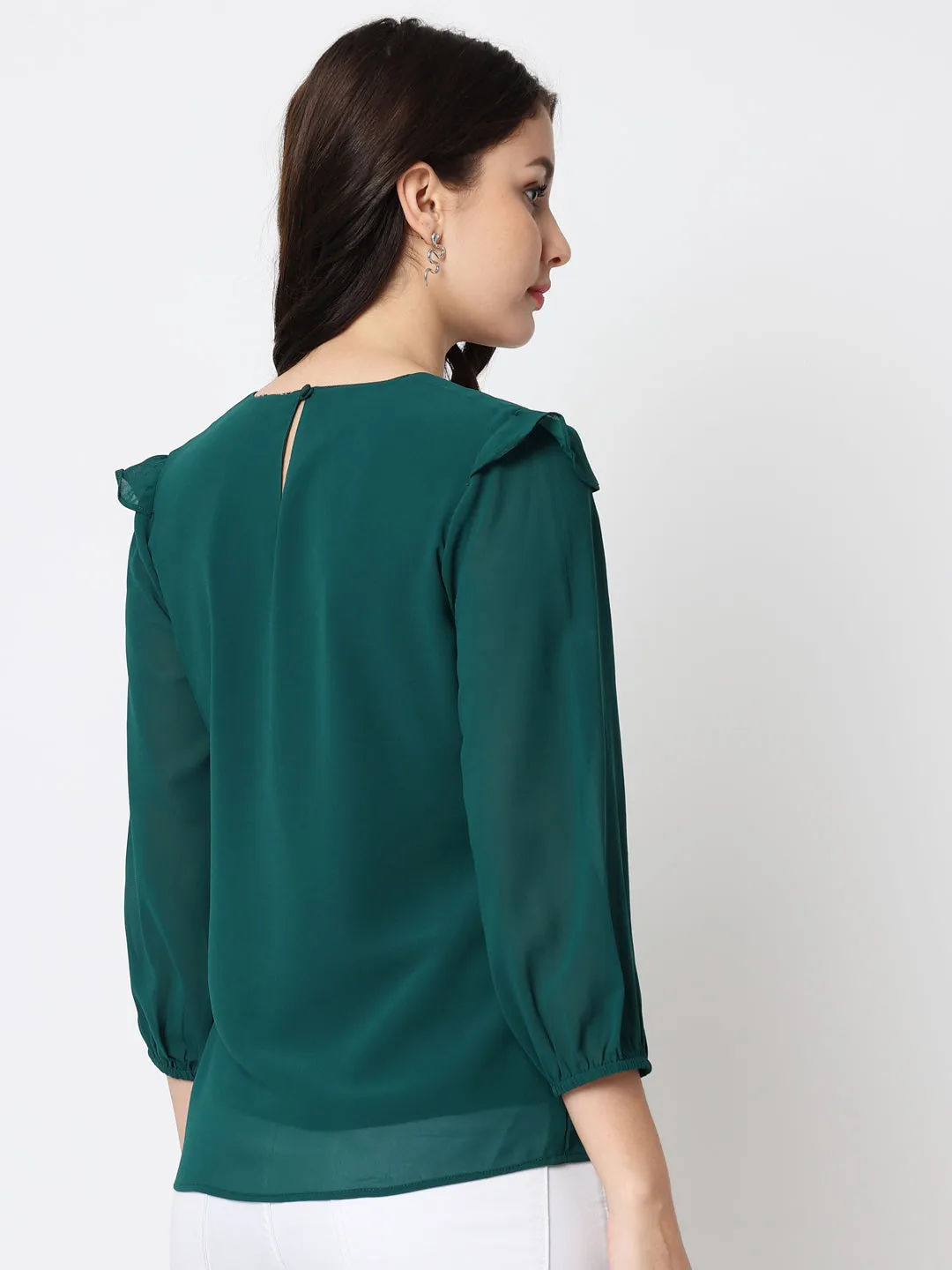 Green Crepe V-Neck Top