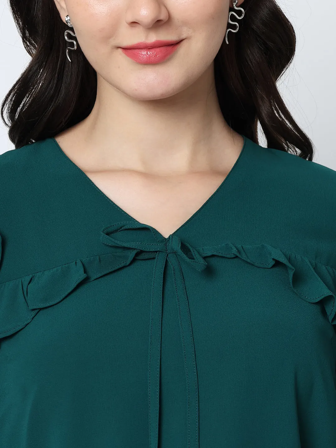 Green Crepe V-Neck Top