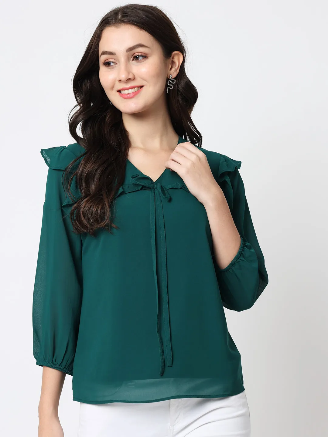 Green Crepe V-Neck Top