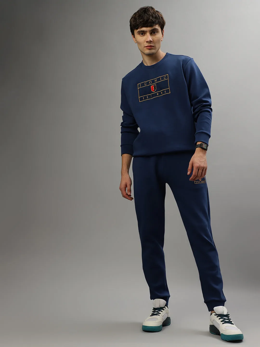 Iconic Men Blue Solid Regular Fit Mid-Rise Trackpant