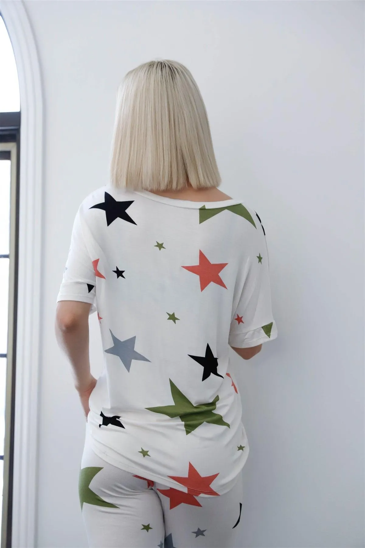 Ivory Multi Color Star Print Short Sleeve Top & Sweatpants Set