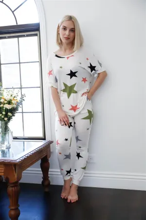 Ivory Multi Color Star Print Short Sleeve Top & Sweatpants Set