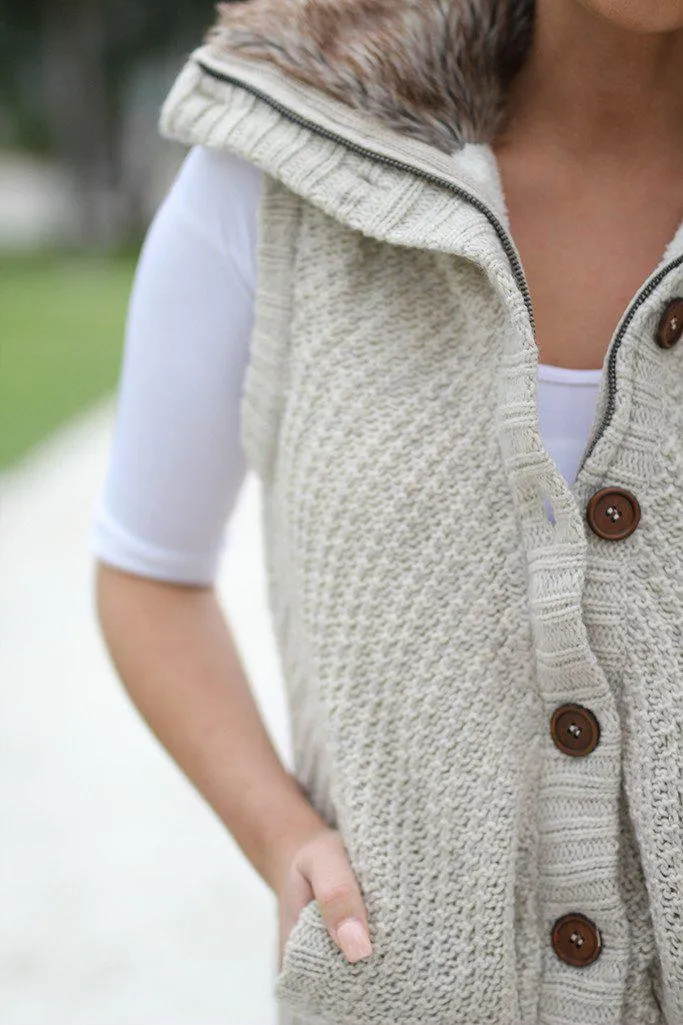 Khaki Fur Sweater Vest With Hood And Pockets