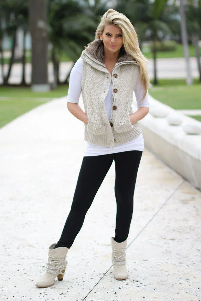 Khaki Fur Sweater Vest With Hood And Pockets