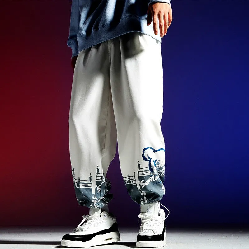 Loose straight wide-leg drawstring men sports pants