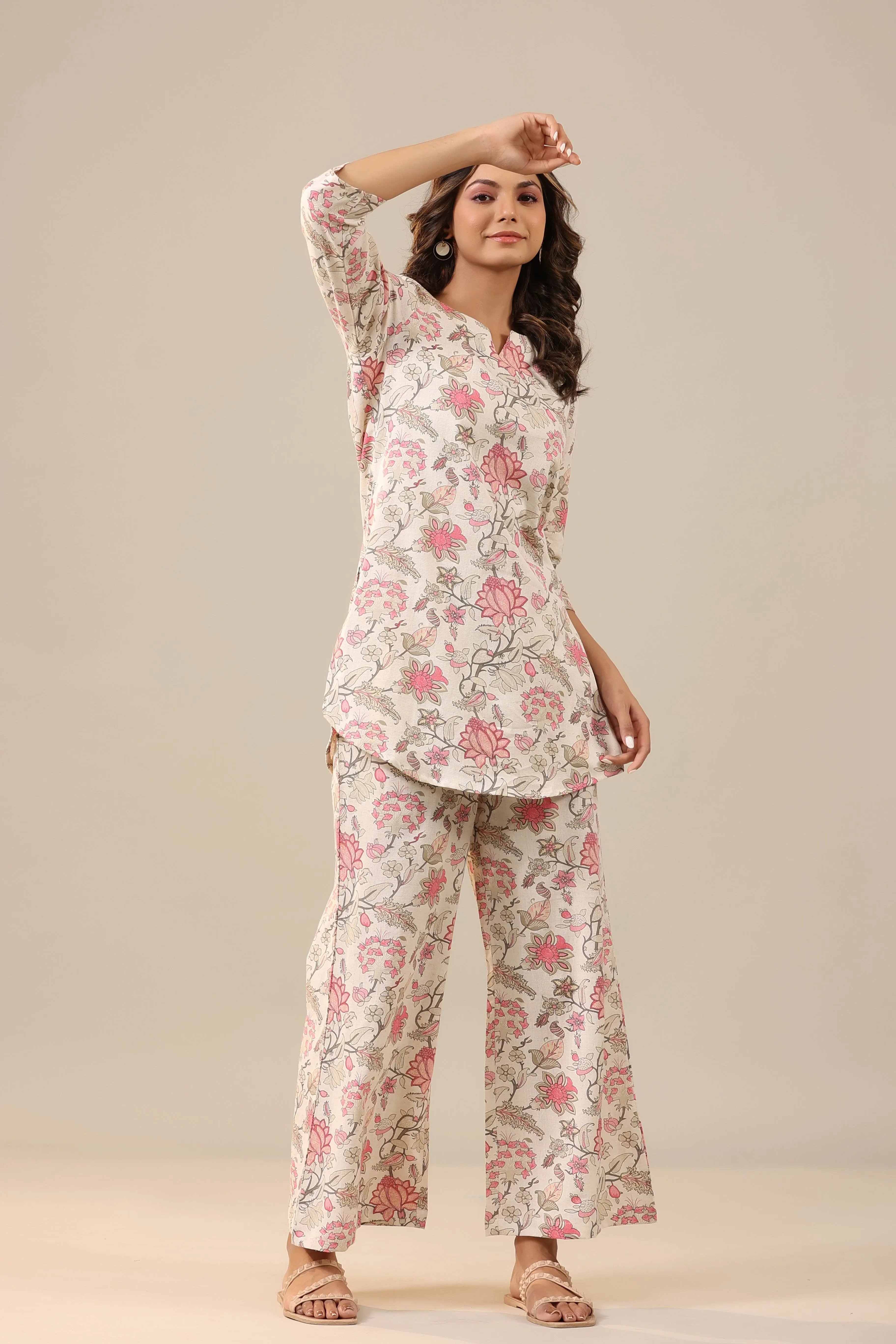 Marigold Pink Jaal on White Cotton Flex Palazzo Loungewear Set