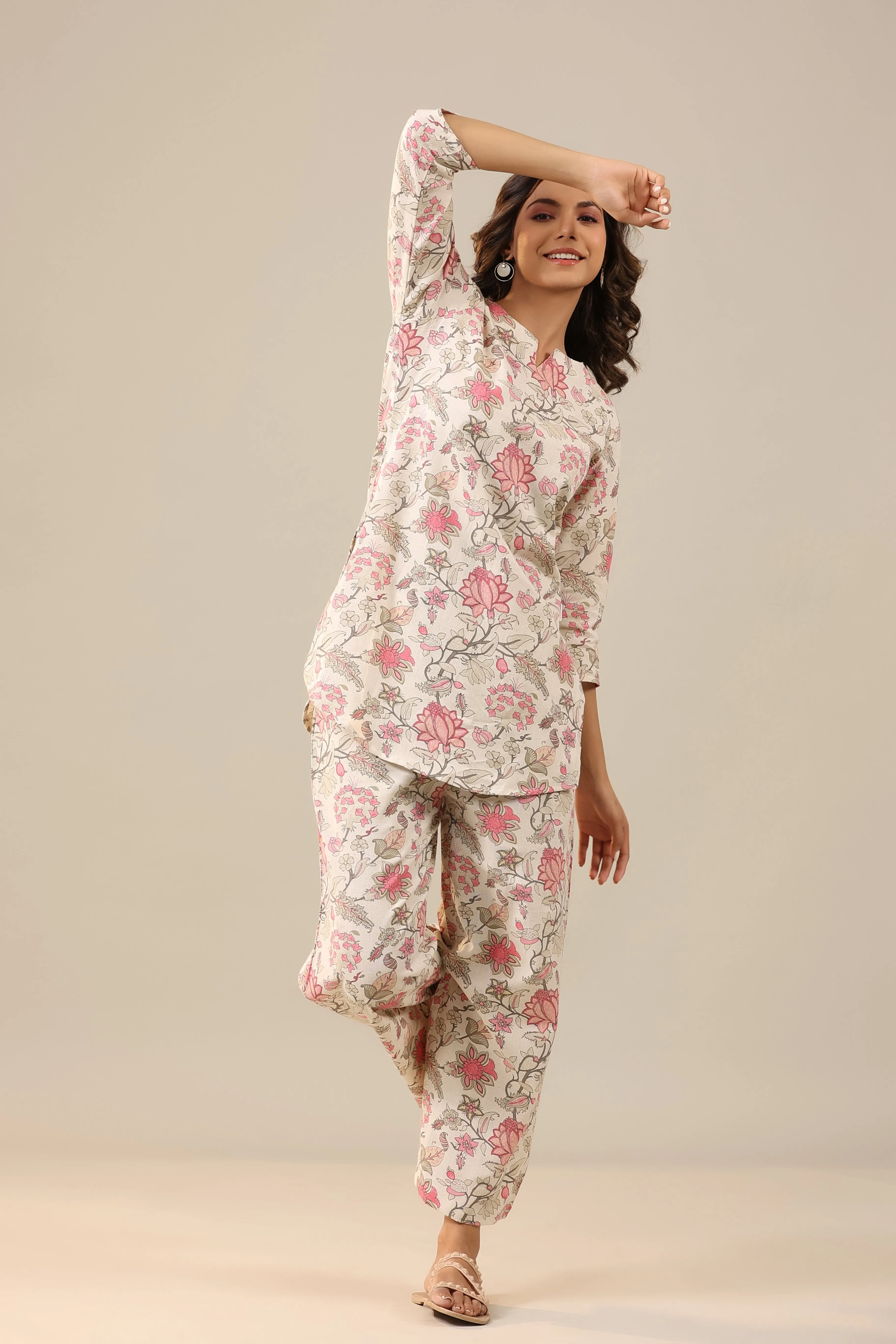 Marigold Pink Jaal on White Cotton Flex Palazzo Loungewear Set