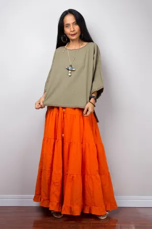 Modest cotton summer pullover top | Khaki green women's tunic top