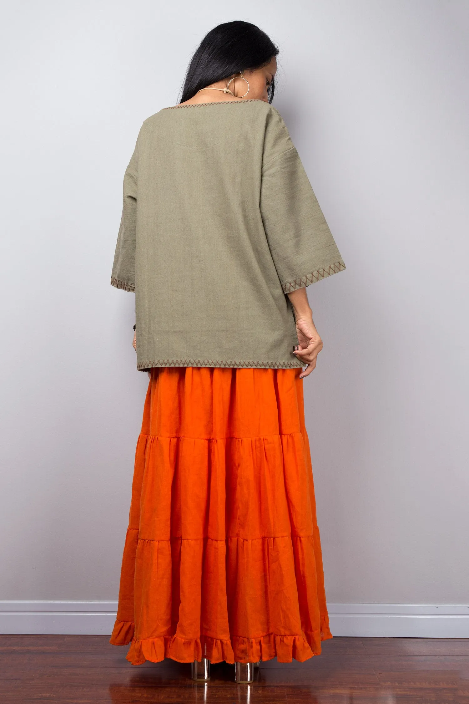 Modest cotton summer pullover top | Khaki green women's tunic top