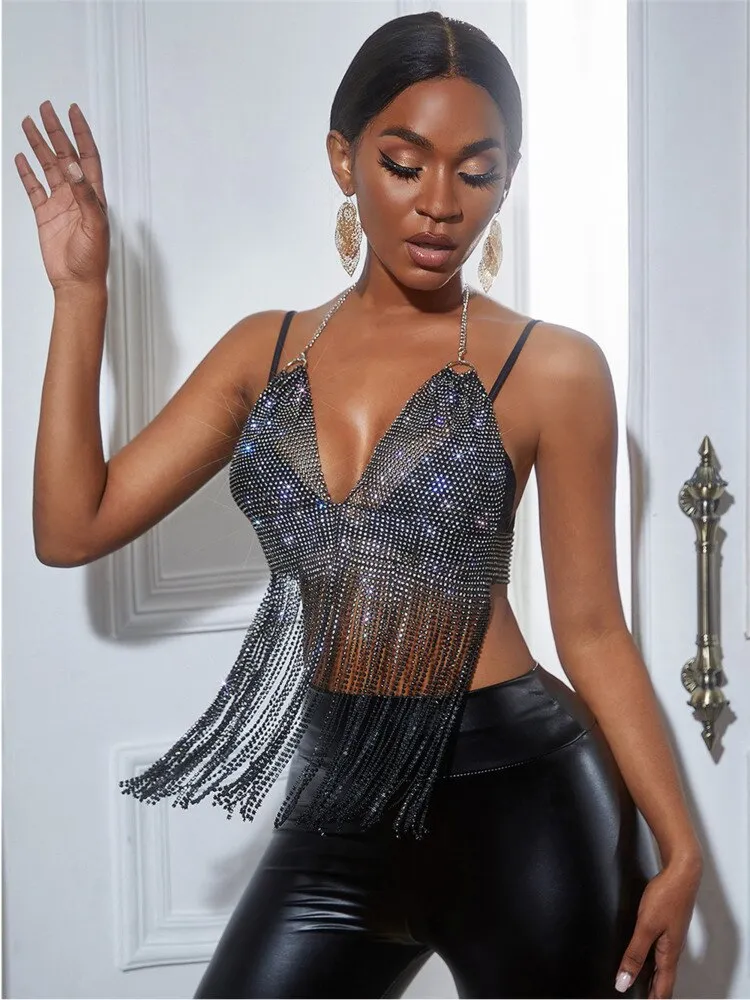 Rhinestone Tassel Cropped Halter Top