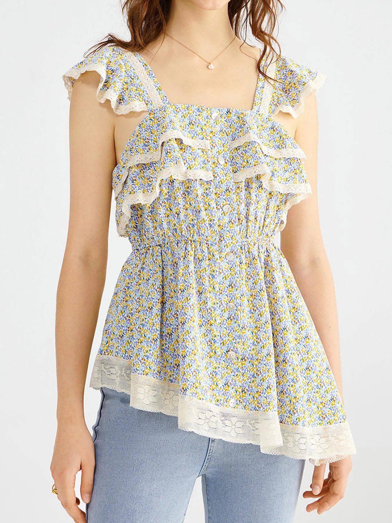 Ruffle Contrast Lace Butterfly Sleeve Top