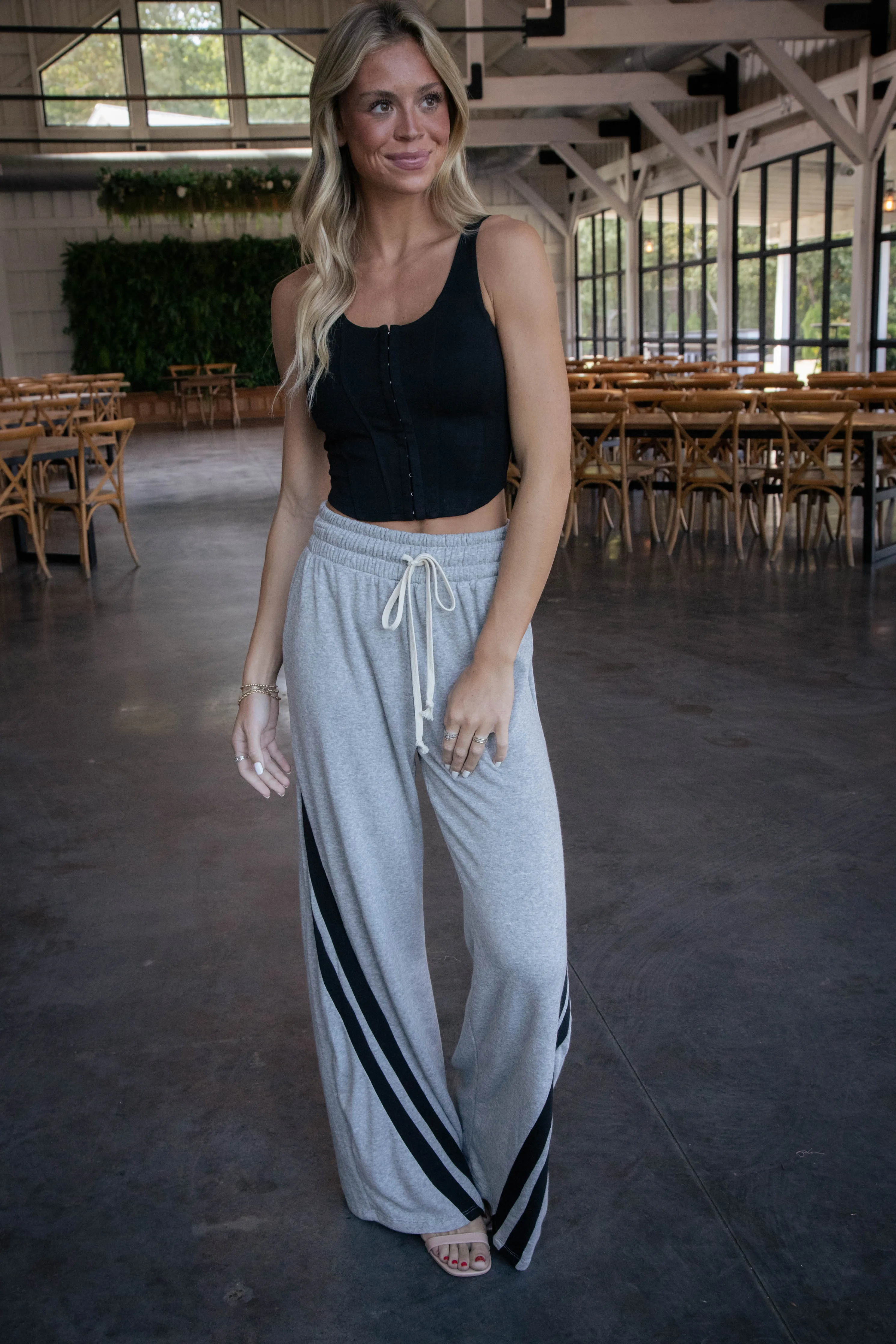 Sariah Stripe Wide Leg Sweatpants, Heather Grey/Black