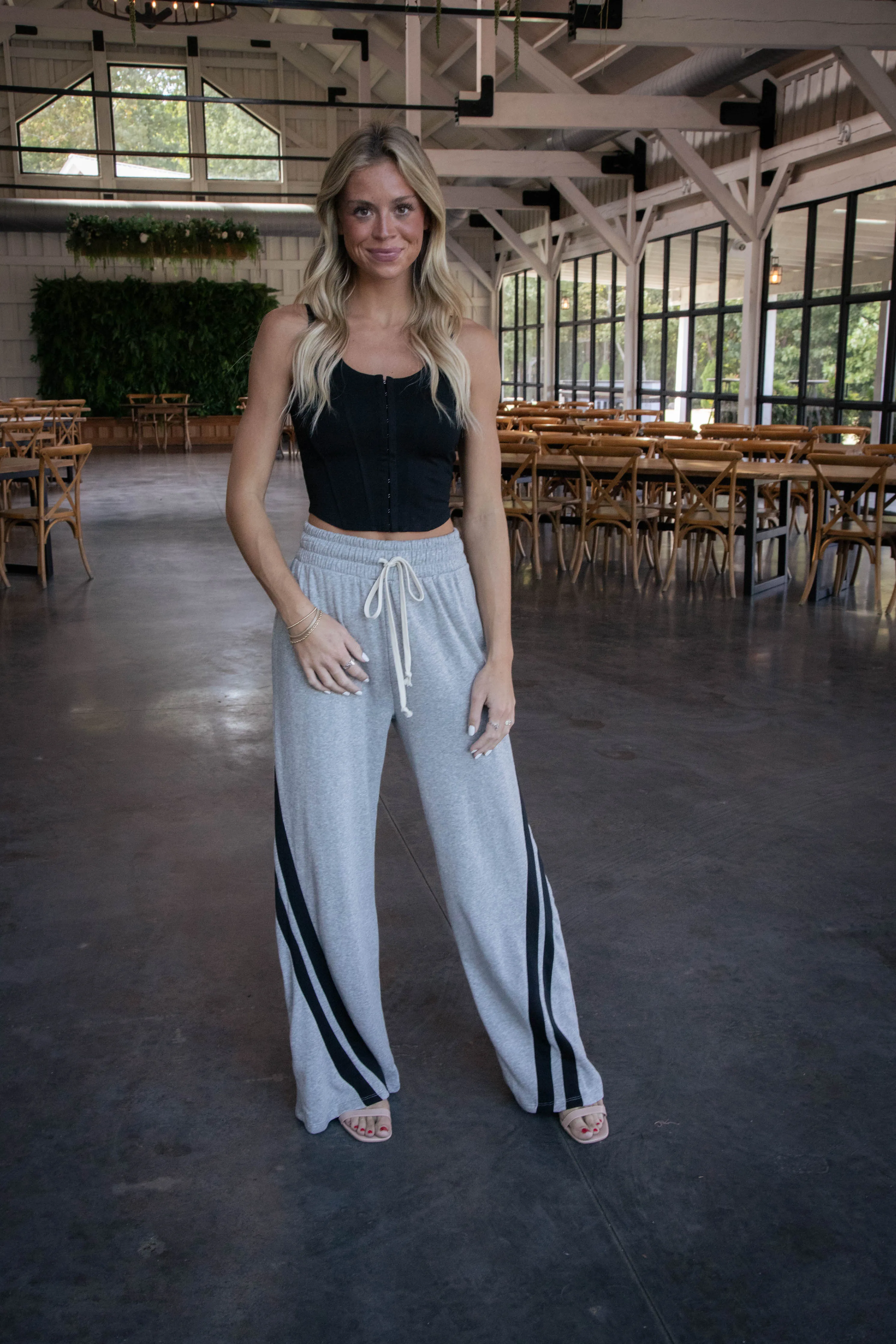 Sariah Stripe Wide Leg Sweatpants, Heather Grey/Black