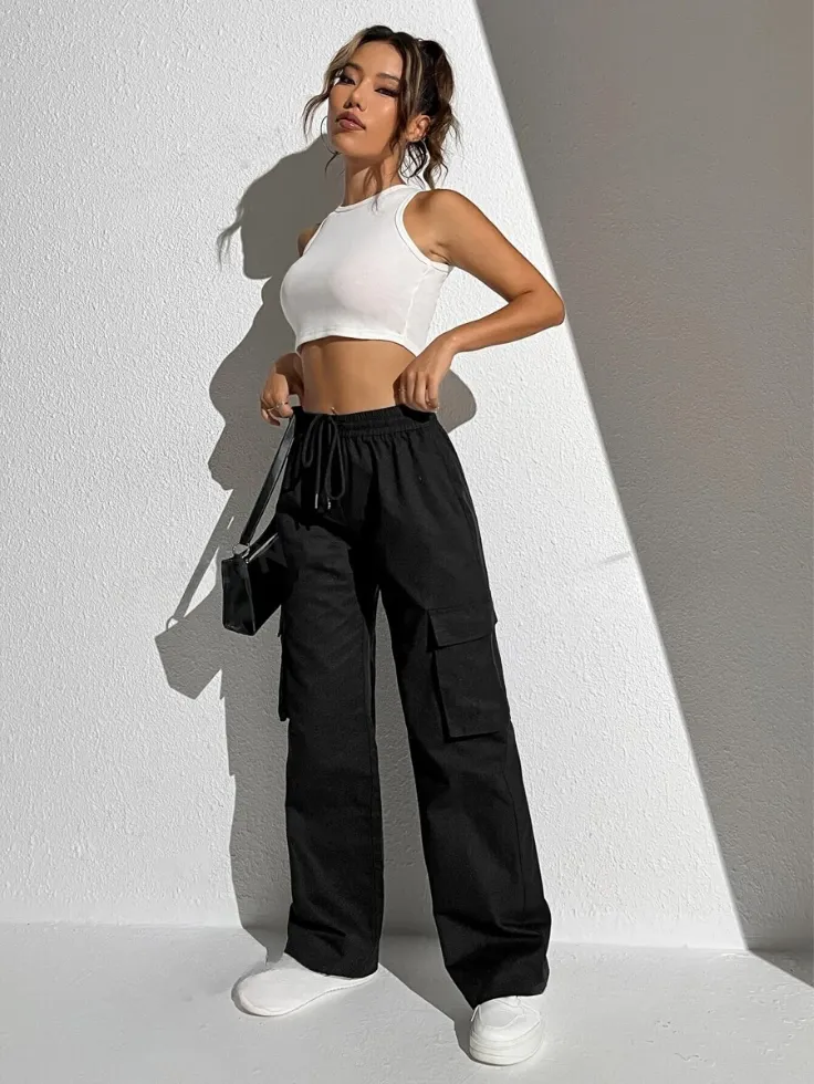 SGW - Pure Black High-Waisted Cargo Sweatpants