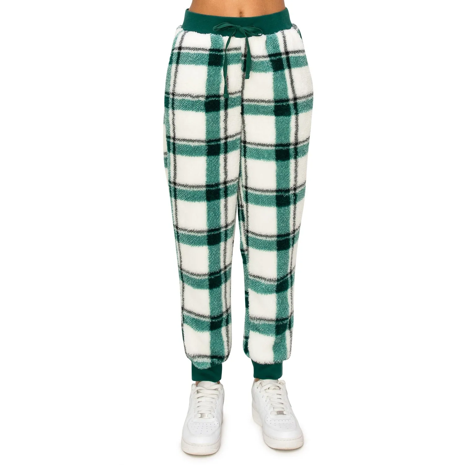 Sherpa Plaid Joggers Sweatpants - Forest Biome