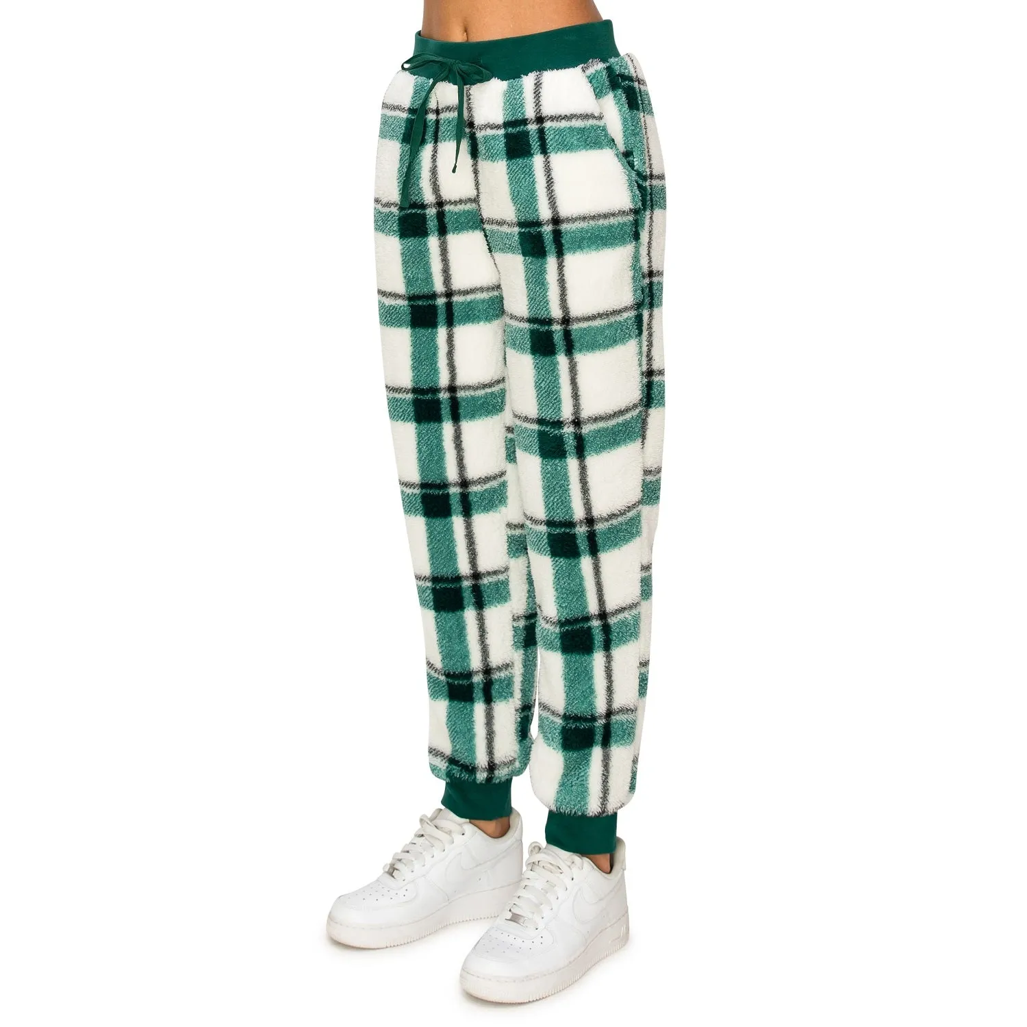 Sherpa Plaid Joggers Sweatpants - Forest Biome